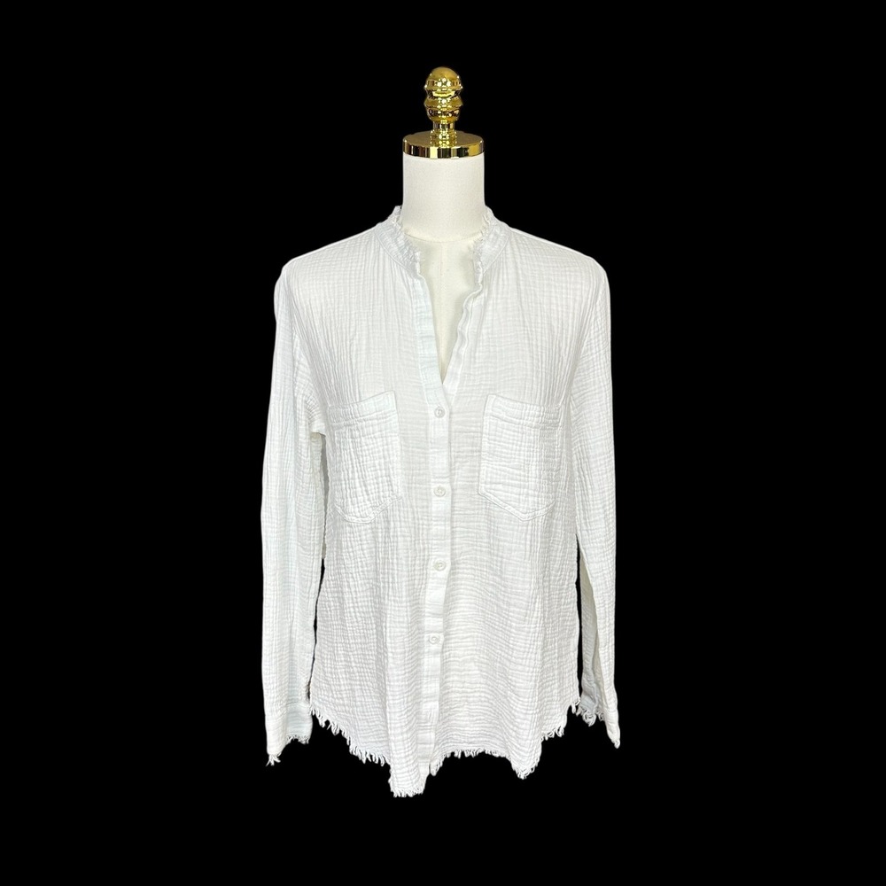 Bella Dahl White Cotton Gauze Frayed Hem Button Down Shirt Womens Small